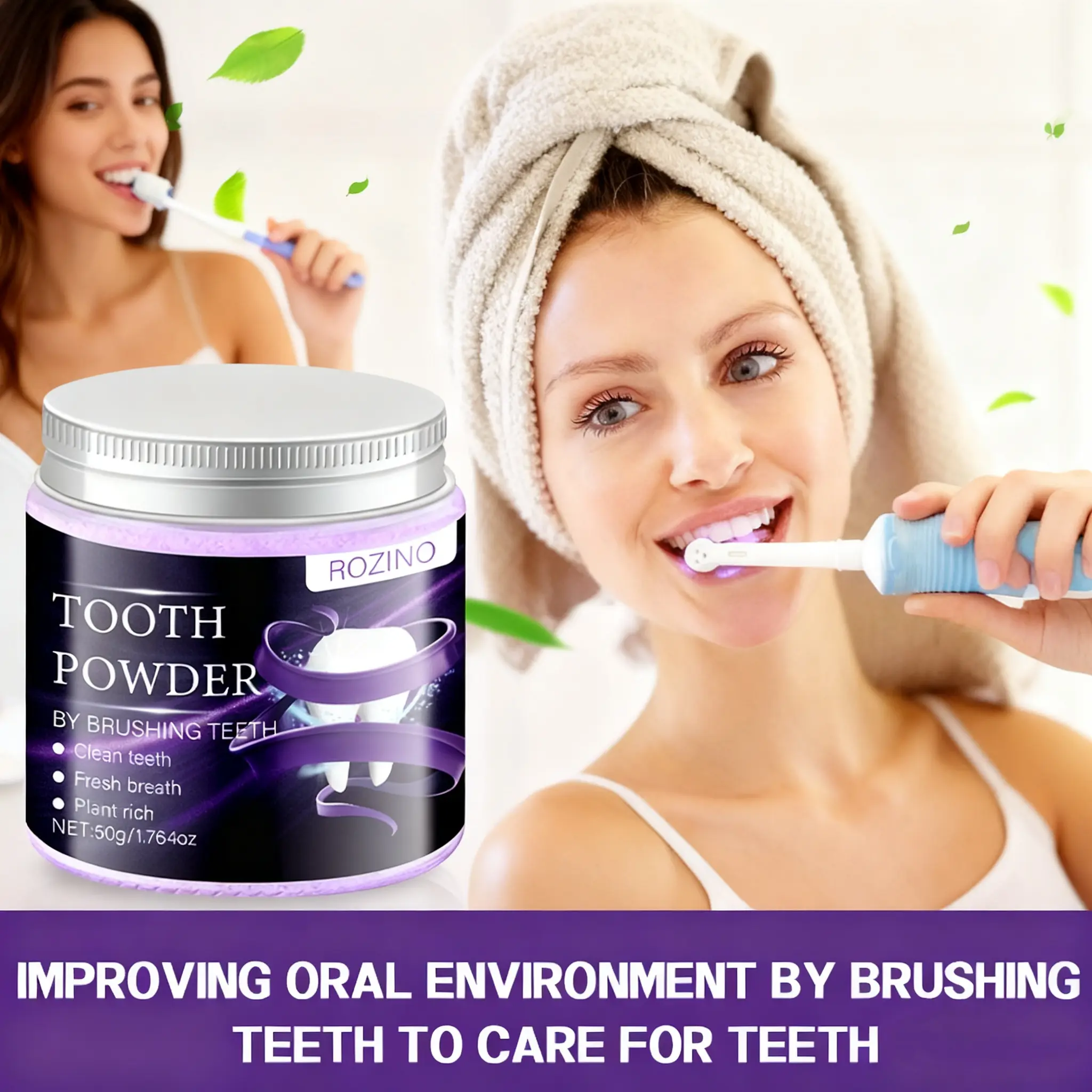 Purple tooth powder freshens breath. Mild ingredients clean the mouth and care for the gums. Tooth powder cream