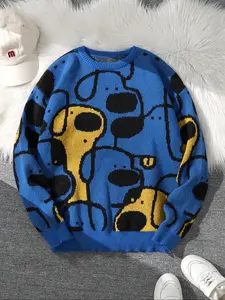 Autumn Winter Cute Animal Dog Jacquard Two-Sided Pattern Pullover Sweater Knitwear, Casual Round Neck Long Sleeve Knit Men's Hoodie Tops, Daily Wear Unisex Outerwear