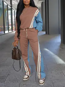 Women's Casual Sporty Fitted Matching Two-Piece Set, Colorblock Faux Denim Striped Long Sleeve Hoodie & Drawstring Pants, Fashionable Outfit