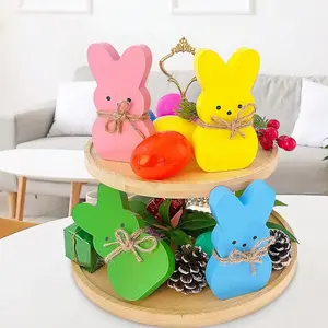 Easter Bunny Peeps Table Decor Centerpiece, Wooden Spring Decoration, Layered Tray and Desktop Sign, Suitable for Fireplace Mantel, Home Rustic Farmhouse Party Supplies