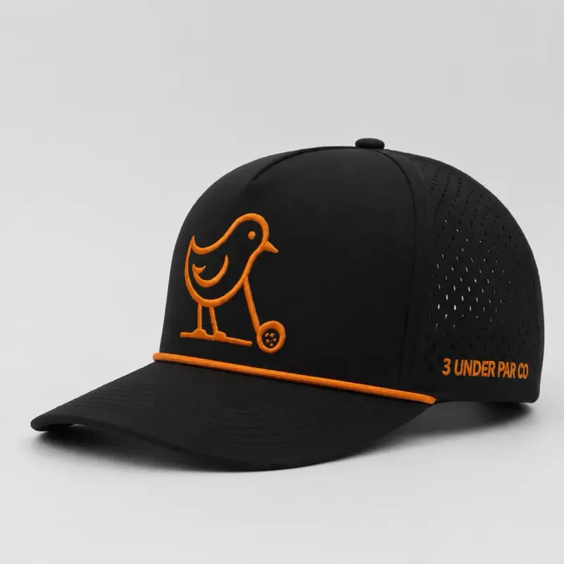 3 Under Par Co "Tap in Bird" Edition Golf Hat - Black with Perforated Design and Orange Trim