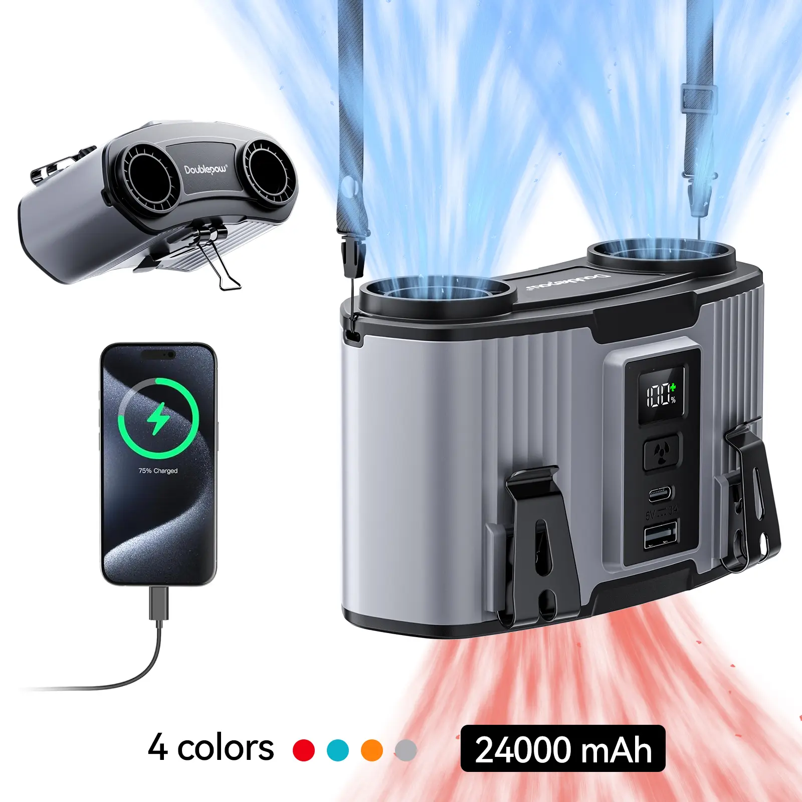 Doublepow fan,portable 24000mAh Waist-mounted Fan,Power Bank,10-speed cooling fan rechargeable camping fan suitable for high temperature work outdoor hiking
