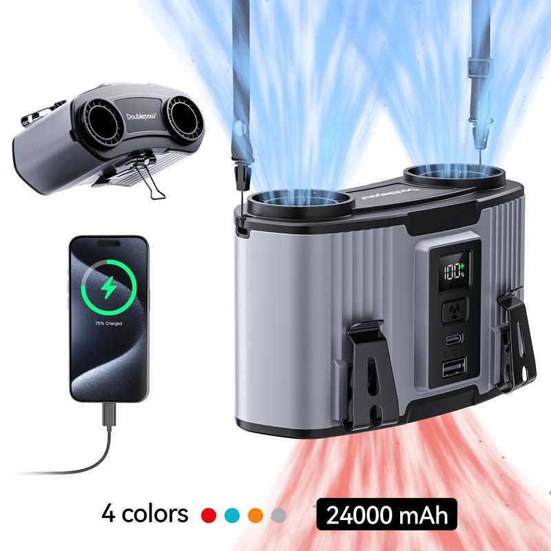 Doublepow Waist-Mounted Portable Mini Fan - 24000mAh Travel Battery Pack, USB Power Bank, 10-Speed Rechargeable Cool Work Gadgets, Waist Clip Hands-Free, Built-In Battery Recharge USB & Mobile Fans for High-Temperature Work, Outdoor Hiking