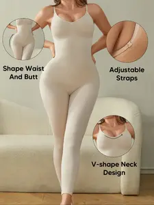 Women's Seamless Smooth Breathable Shapewear Bodysuit V-Neck, Adjustable Straps, Full Body Shaper, Tummy Control, Butt Lifter, Mid-Thigh Slimmer, Nude Color, Fit