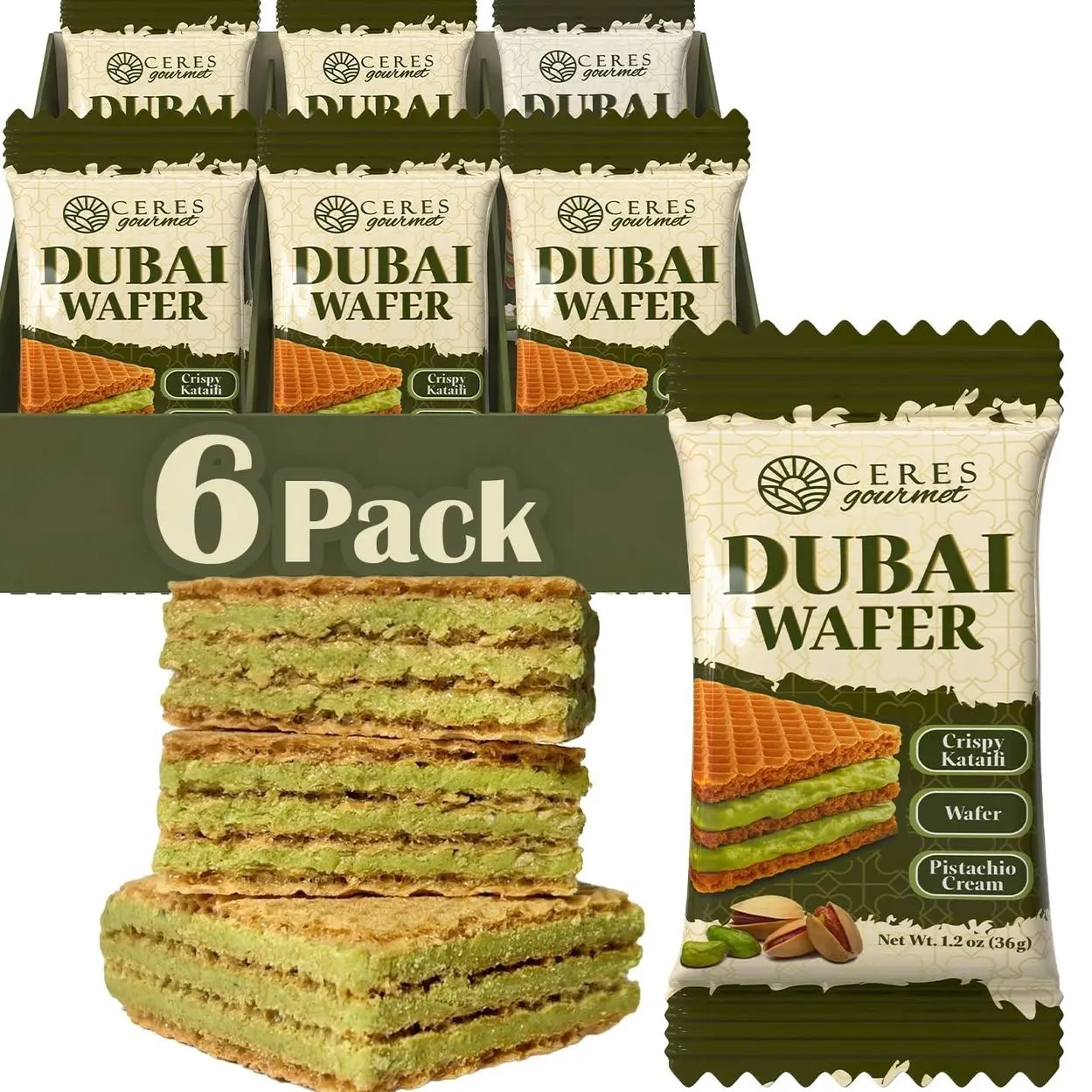 Ceres Gourmet Dubai Pistachio Wafer, 6 Pcs Crispy Kunafa Pistachio Wafer in Individually Pack – Gourmet Dubai Wafers for Christmas, Thanksgiving, and All Special Occasions