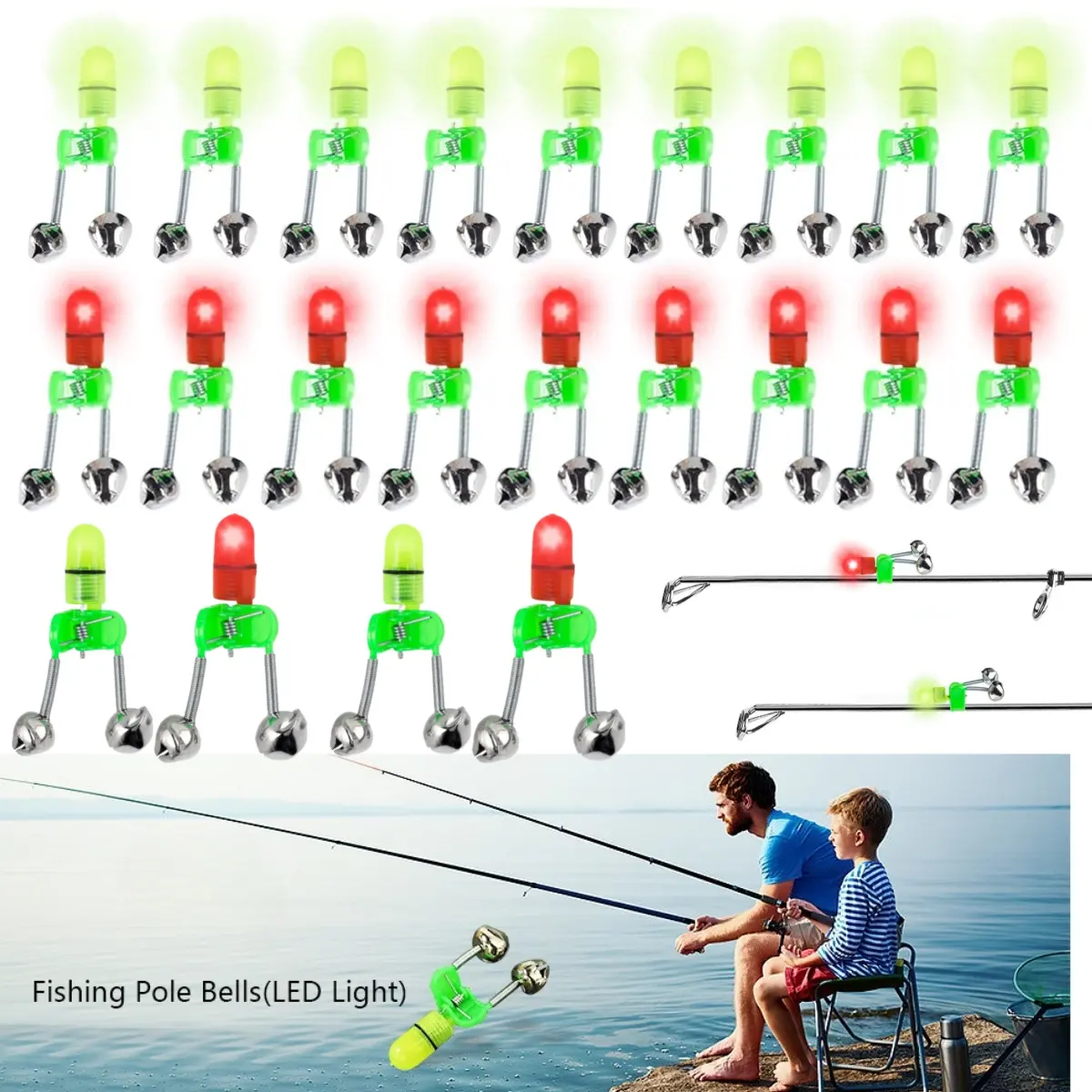 22-Piece Fishing Gear Accessories Set, Outdoor Fishing Equipment with Clip-On LED Bait Alarms, Dual Bells & Sensitive Bite Indicators for Night Rods (Red & Green), Night Fishing