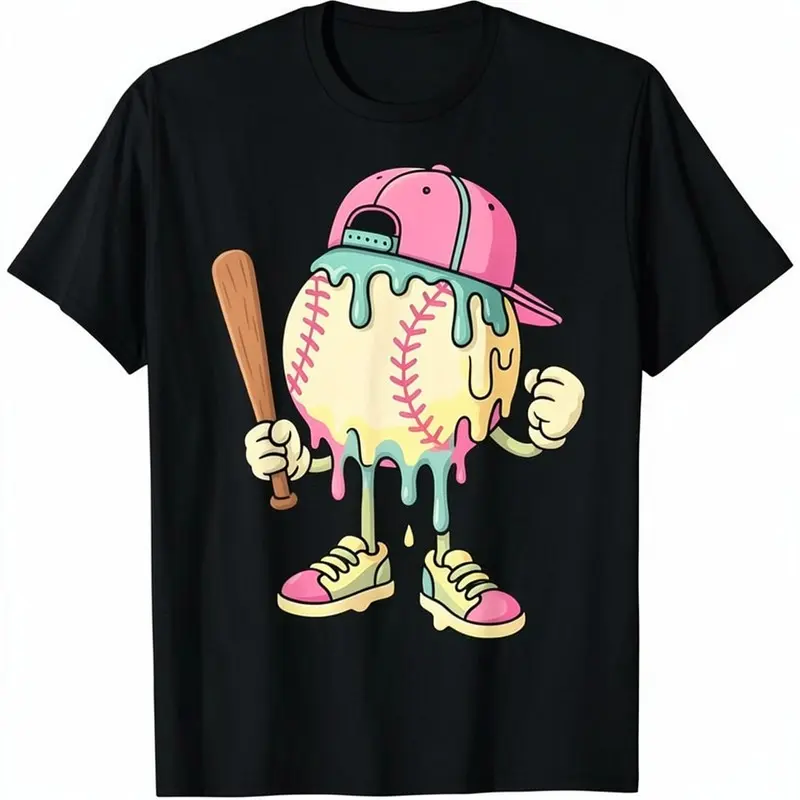 Girls' 100% Cotton Crew Neck Short Sleeve Athletic T-Shirt - All Season Fruit Tshirt, Funny Graphic Tee Featuring Ice Cream Drip & Spots, Baseball Theme Top