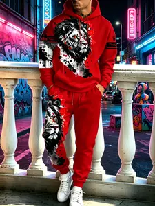 2026 Fall/Winter new men’s 3D lion print hoodie and jogger pants set, casual street sportswear for everyday wear all year round