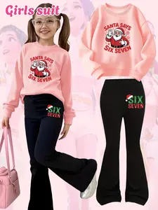 Girls' Fun Christmas Santa Say 67 3D Cartoon Print Casual Comfortable Loose Round Neck Sweatshirt + Bell Bottom Pants Set Clothes Kids