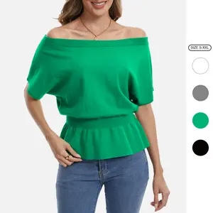 Imily Bela Womens Off The Shoulder Y2K Tops Puff short Sleeve sweater Ribbed Knit Pullover Date Night Top Blouse  SummerVibes