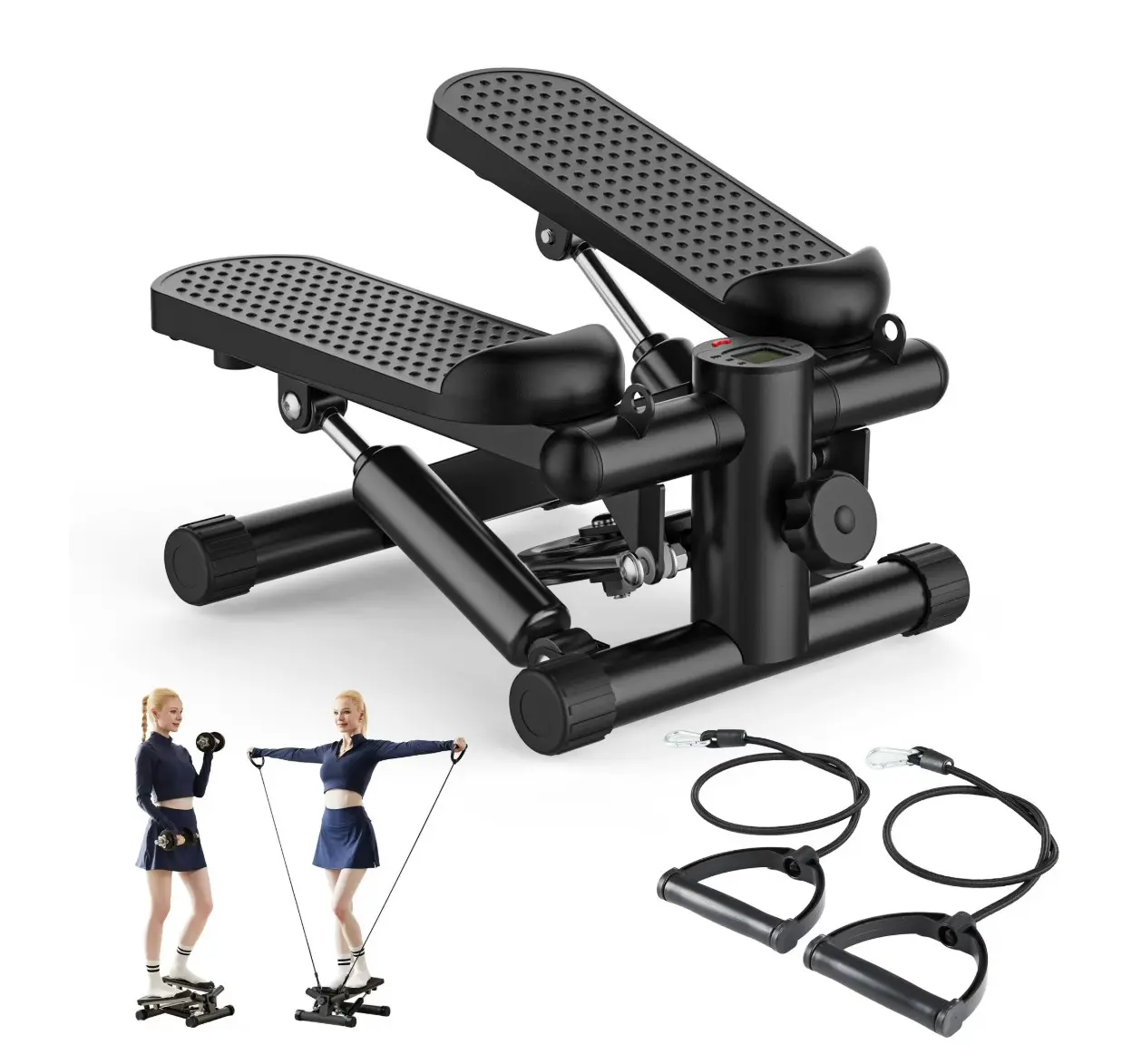 Portable Twist Stepper with Resistance Bands – Adjustable Home Fitness Stair Stepper for Full-Body Workouts,, Black