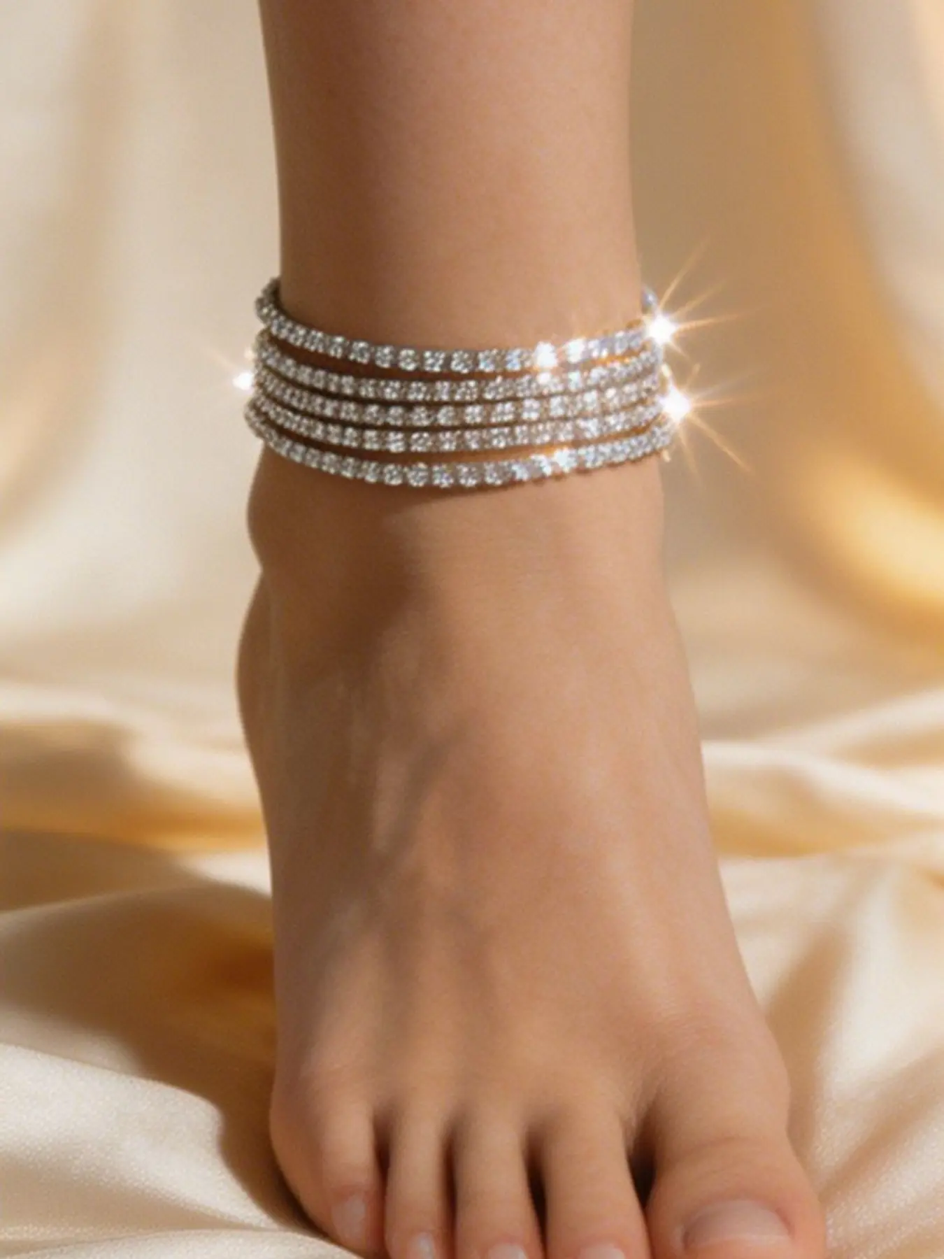 5 pieces of simple and versatile silver rhinestone ankle chains, elegant women's travel daily wear style foot accessories