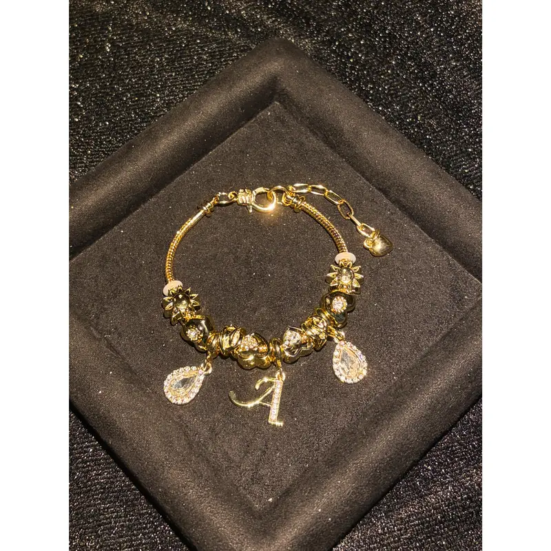 Gold Tone Snake Chain Initial Charm Bracelet for Women, Beaded Bracelet ...