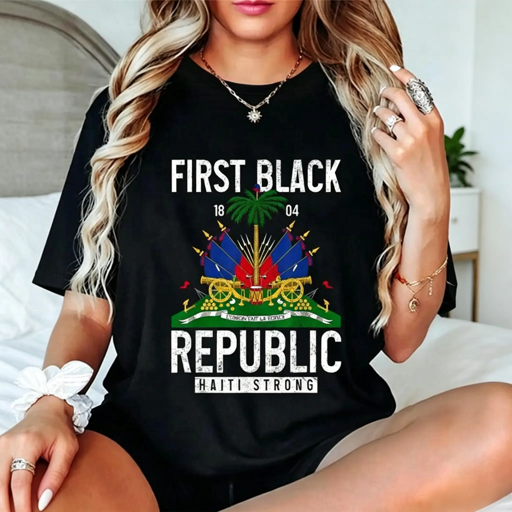 We Love Haiti Graphic T-Shirt, Unisex Shortsleeve Cotton Tee with Haitian Flag Print, Casual Slimming Breathable Top, Comfortable, Fabric, Fitted, Soft