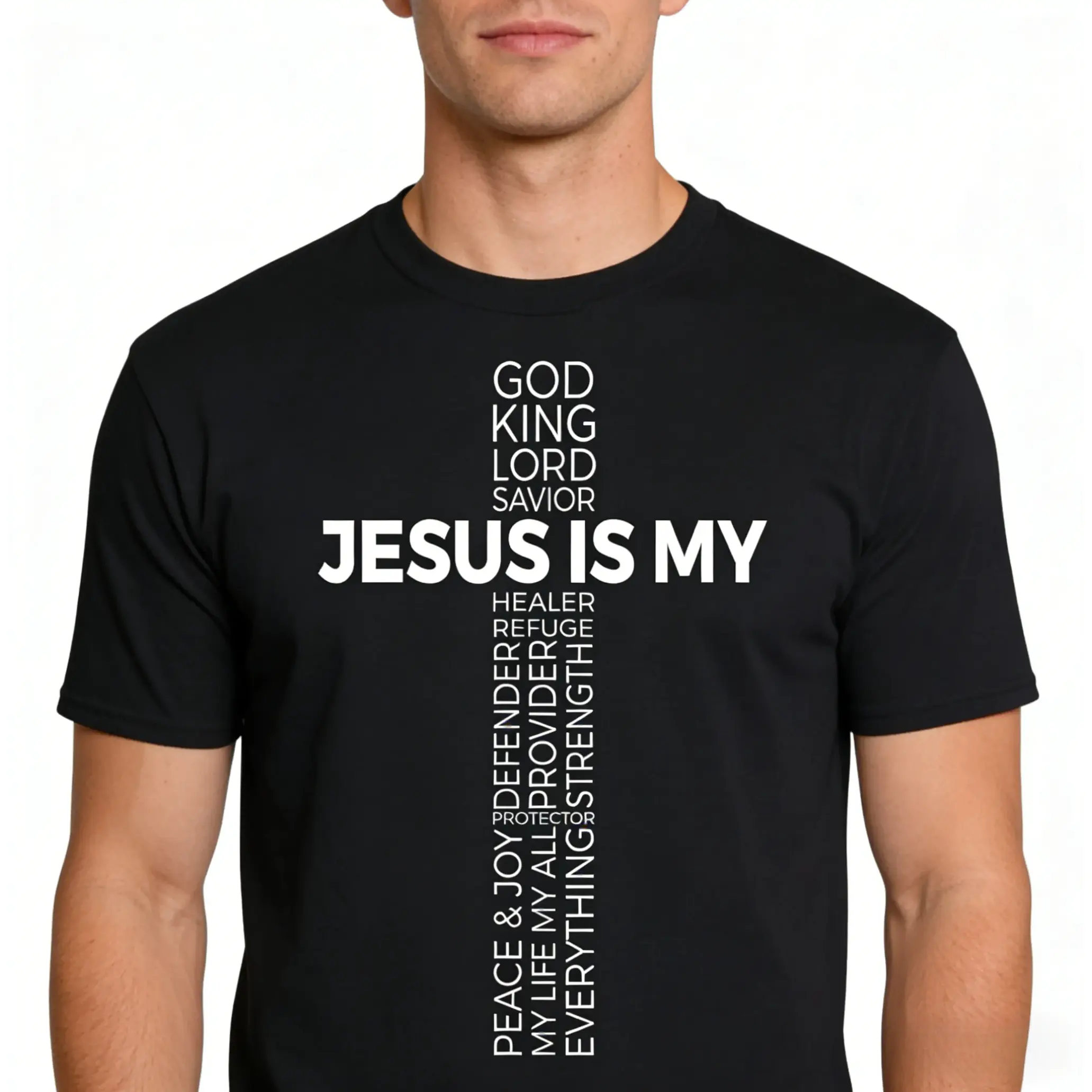 Christ Jesus is My God King Lord and Savior T-Shirt, Cross Christians Graphic Tee, Unisex Short Sleeve Religious Apparel for Men and Women, Casual Faith Based Fashion Shirt, Novelty Streetwear Top