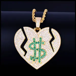 Men's Hip Hop Broken Heart  Sign Love Pendant Necklace |   Real Gold Plated |   Trendy Bling with CZ Accents