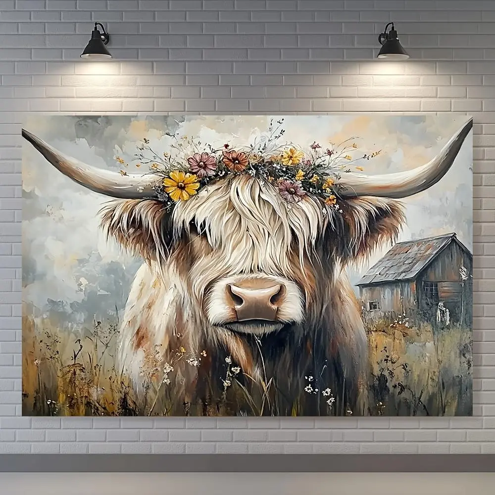1PC 2D Flat Rustic Highland Cow Wall Tapestry with Floral Crown, Vintage Barn & Wildflowers, Polyester Reusable Boho Farmhouse Wall Tapestries for Bedroom, Aesthetic Birthday Photoshoot Backdrop,summerwins
