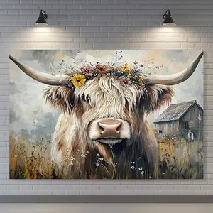 1PC,2D Flat Rustic Highland Cow Tapestry with Floral Crown, Vintage Barn & Wildflowers, Boho Farmhouse Decor for Bedroom/Living Room, Aesthetic Wall Hanging Backdrop for Photoshoots & Home Decorat