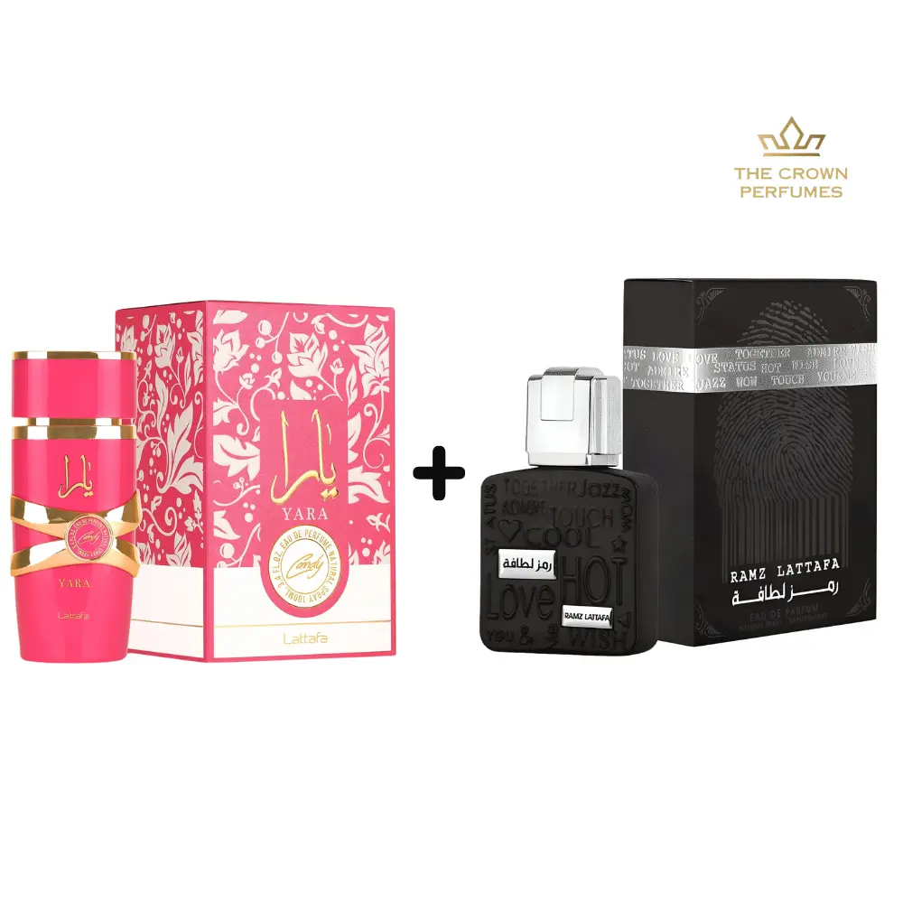 Lattafa Eau de Parfum Yara Candy & RAMZ Silver Fragrance Set, Sweet & Woody Scents, 2-Piece Multi-Pack, 3.4 oz (100ml) Each, 3 To 3.9 Fl Oz, Unisex Fragrances, Alcohol Base, Contains Alcohol