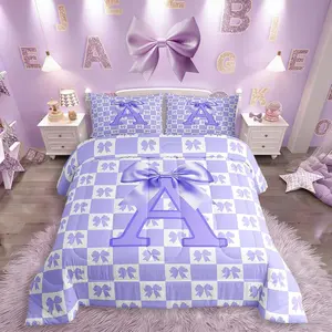 Purple Bowknot Comforter Set Monogrammed Bedding Set for Kids Boys Girls Personalized Initial A Duvet Quilt Purple White Bedroom Decor Microfiber