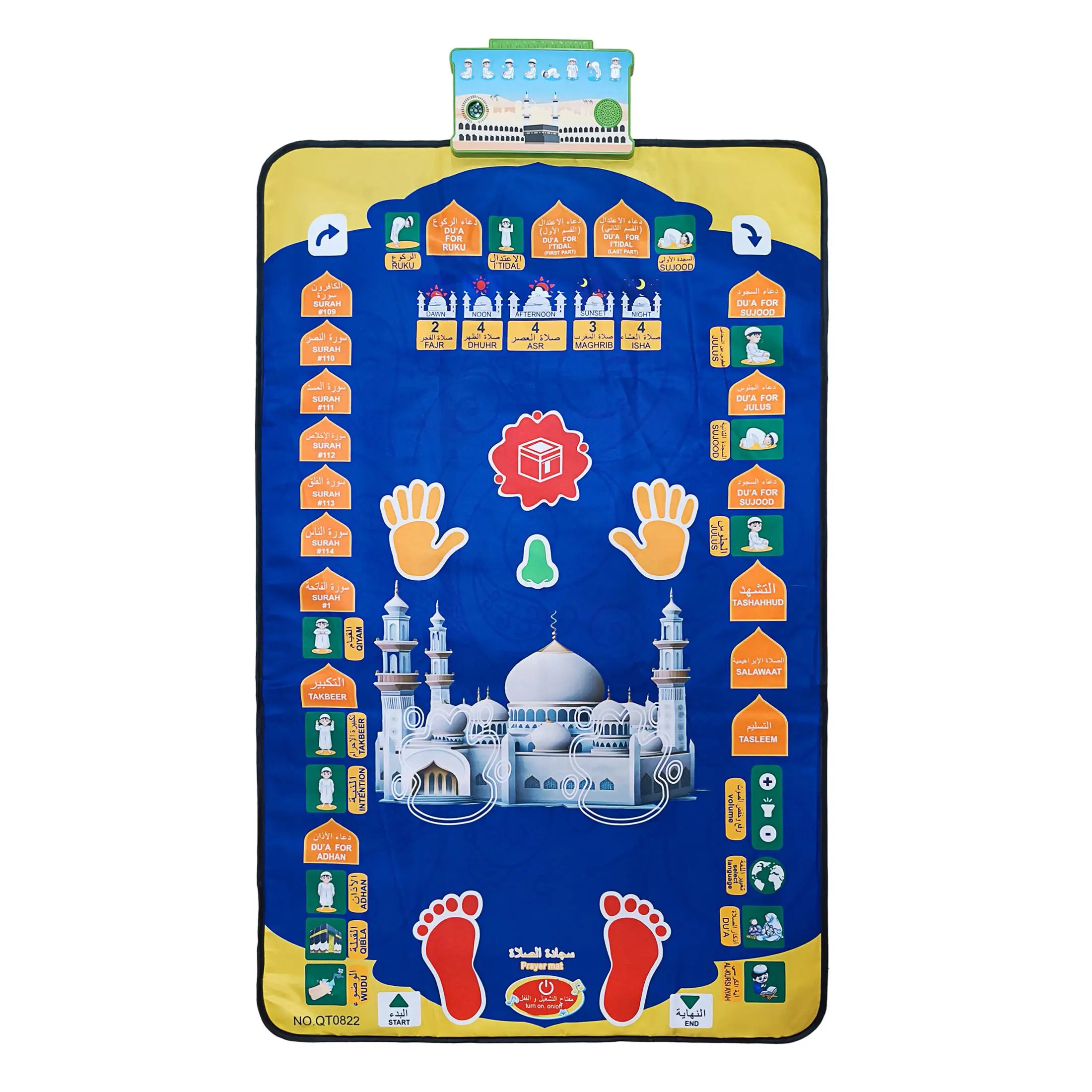Multifunctional Educational Toy Carpet, Children Prayer Mat Blanket, Muslim Prayer Rugs, 5 Languages: English, Arabic, Malay, Turkish, Indonesian, Glowing (requires Aa Batteries)