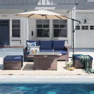 Patio Furniture Set - 4 Pieces Outdoor Wicker Sofa, 3-Seater Sofa, 2 Versatile Footstools, 44-Inch Fire Pit Table, Water-Resistant Cushions