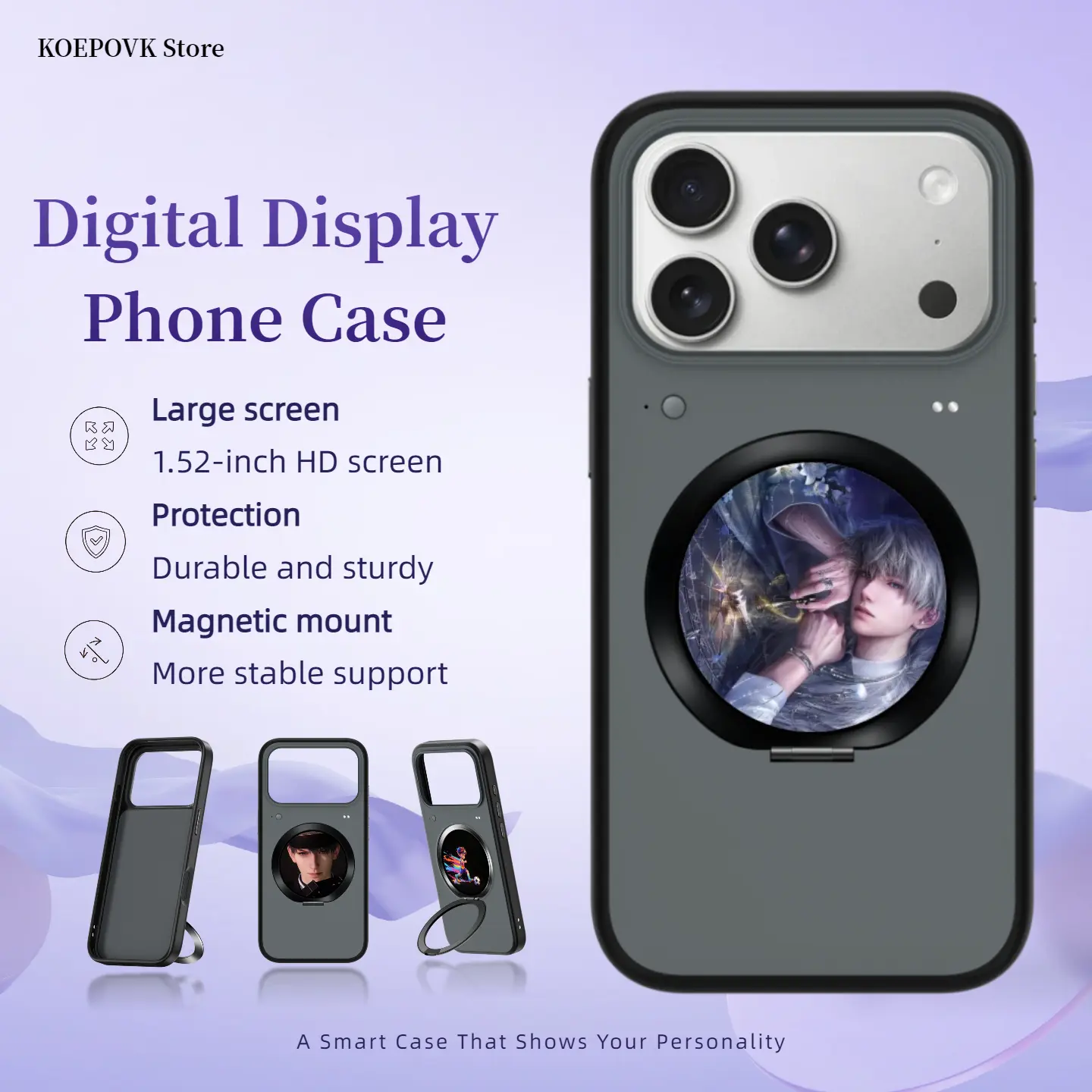 Customizable Digital Badge Phone Case with Magnetic Stand, Smart Touch LED Display, Show Your Photos Videos & Text, Personalized Anime Ita Bag Style Phone Case, Shockproof Tech Gift