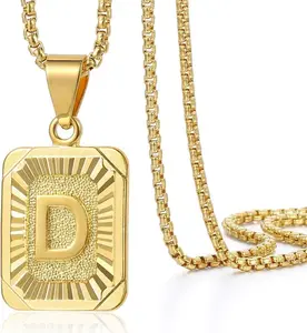 Initial A-Z Letter Pendant Necklace Mens Womens Capital Letter Yellow Gold Plated Stainless Steel Box Chain 22inch