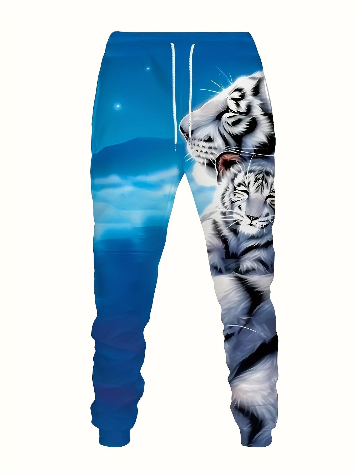2026 New Men's Animal Pattern 2-Piece White Tiger Print Hoodie and Pants Set - Soft Comfortable Fitted Cut Long-Sleeve Blue Pullover, Casual Sports Streetwear Loungewear