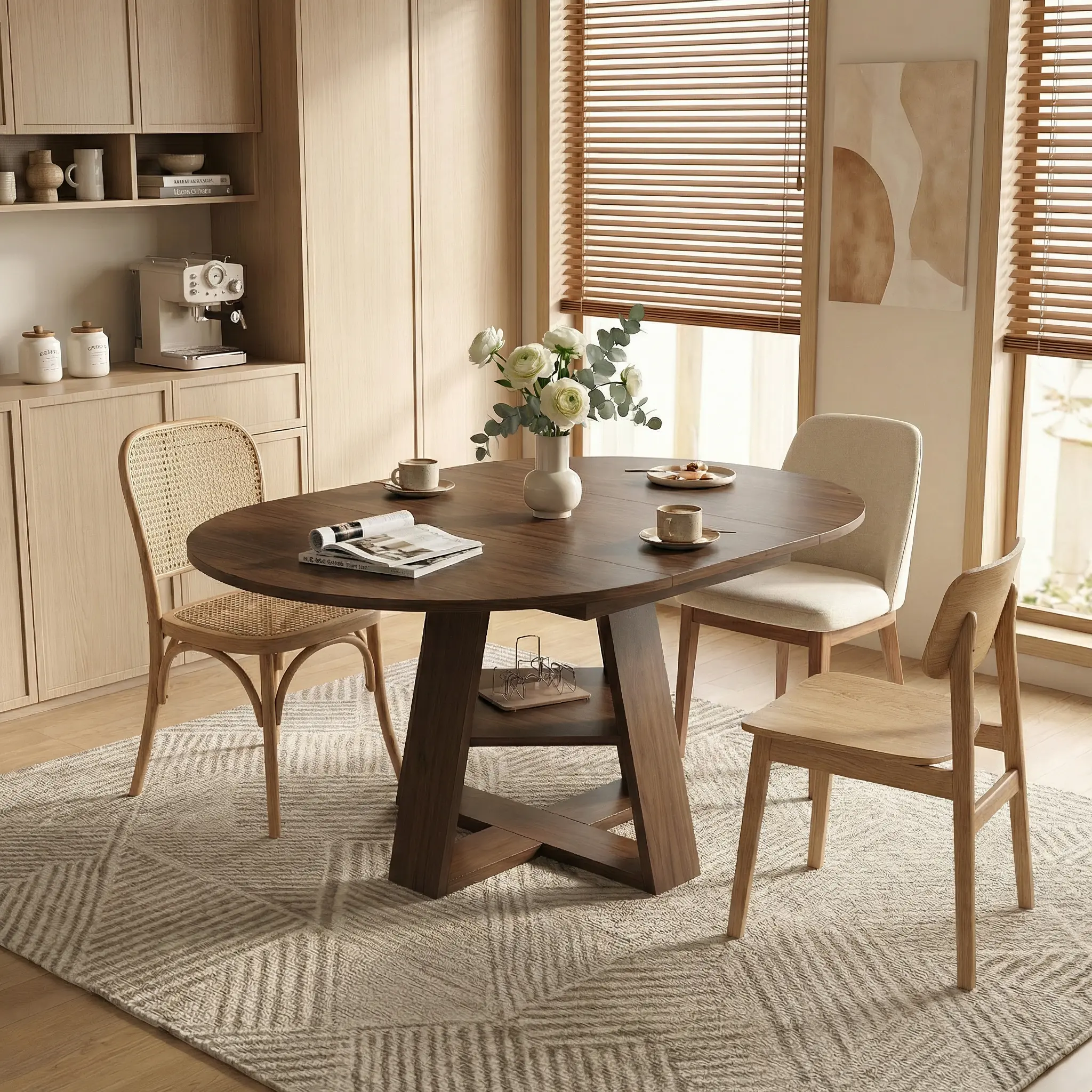 Retractable Round to Oval expandable Dining Table 43.3"-59in, Seats 4-8, Space Saving Kitchen Table with Hidden Extension Leaves, Wooden Cross Base with Storage Shelf for Living Room Apartment room table