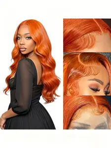 #350 Ginger Orange Body Wave Human Hair Wig, 13x6 HD Transparent Lace Front Pre Plucked Wig, 180% Density Breathable Inner Mesh Brazilian Virgin Hair Wigs With Baby Hair for Women