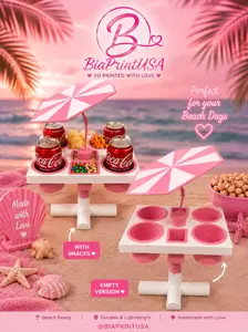 Beach Drink & Snack Holder with Umbrella | 4 Cup Caddy | 3D Printed Picnic & Pool Organizer | Handmade by BiaPrintUSA