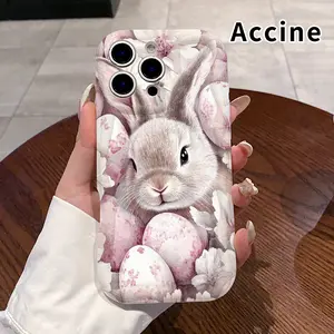 Cream Phone Case for iPhone 17 Pro Max 16 Plus 15 14 13 12 11 Air E Easter Egg Bunny Pattern Curly Wave Frame Pocket-Friendly Shockproof Silicone Protective SoftCream Case Cellphone Casing
