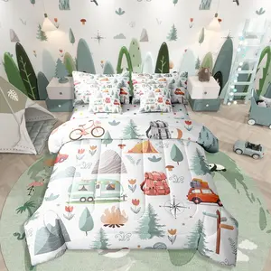 Kids Camper Theme 7 Pcs Comforter Set,Happy Camping Bedding Set,Travel Car Rv Accessories Down Comforter,Botanical Flowers Mountain Adventure Quilt