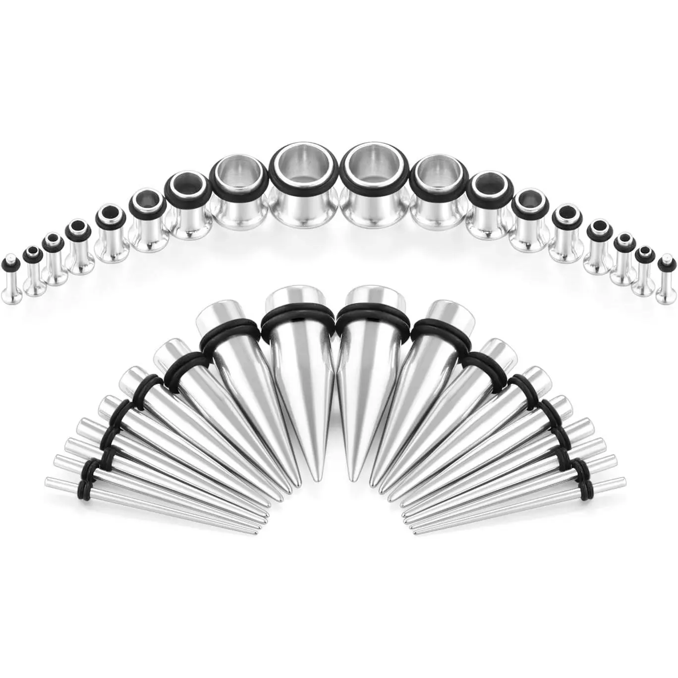 14G-00G 36 count Ear Gauges Stretching Kit Tapers Plugs Eyelets Implant Grade Steel