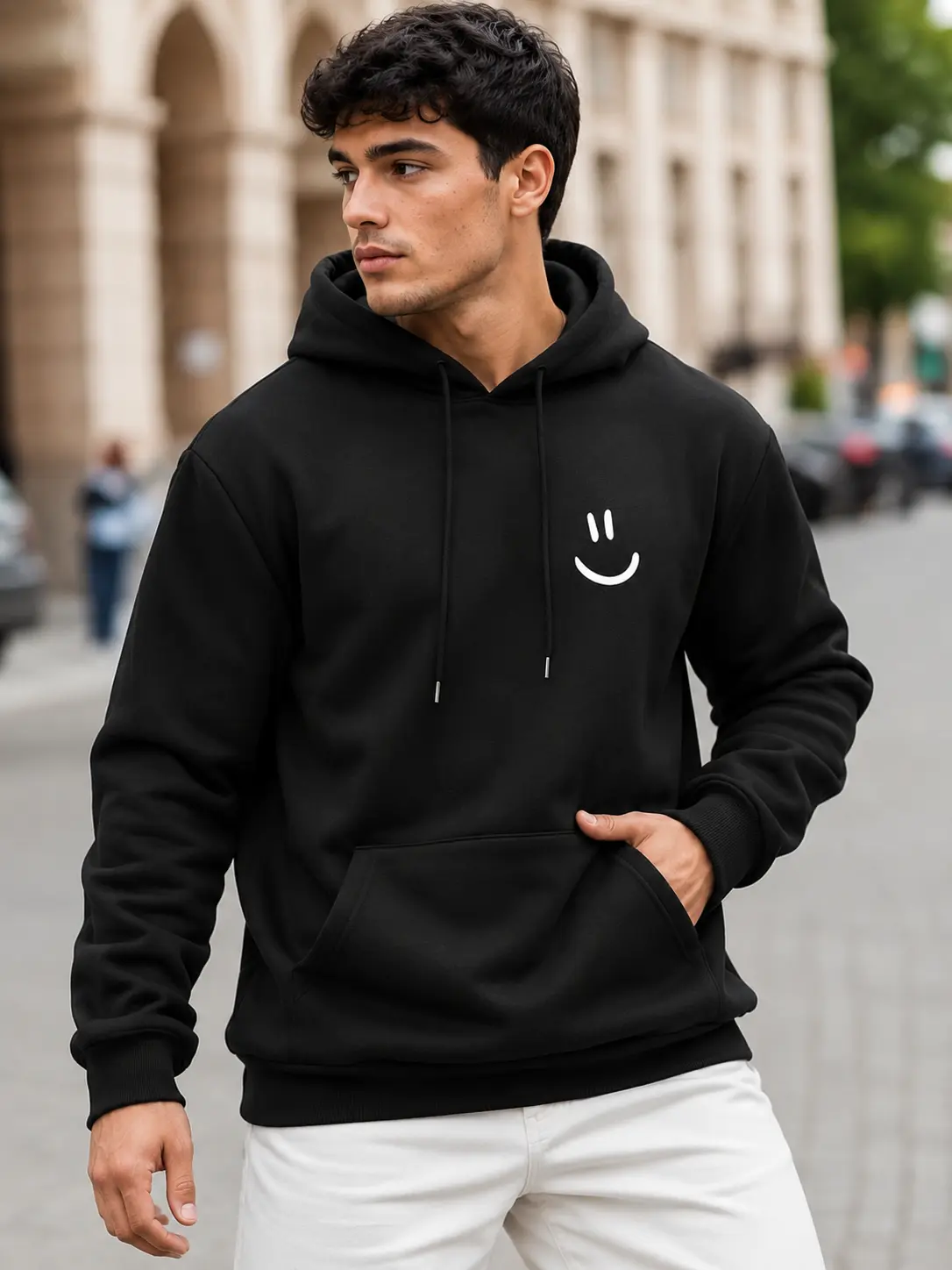 Men’s Graphic Hoodie, Smile Face Pullover Sweatshirt, Casual Streetwear with Kangaroo Pocket