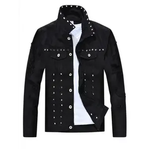 Men's Punk Distressed Denim Trucker Jacket - Long-Sleeve Regular Fit Cotton-Polyester Blend Fabric Outerwear with Rivets, Buttons, Pockets, Studs, Edgy Casual Menswear Top