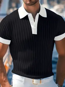 Men's short-sleeve casual fashion black-and-white spliced polo shirt with a distinctive texture and exquisite button design, suitable to be worn as part of a complete men's polo outfit. Tropical Shortsleeve Textured Menswear Fabric Stylish