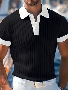 Men's Custom-Fit Short-Sleeve Striped Black-and-White Spliced Front-Placket Polo Shirt - Menswear, Stylish Textured Tropical Polyester Fabric, Exquisite Buttons, Casual Well-Fitted Top, Shortsleeve