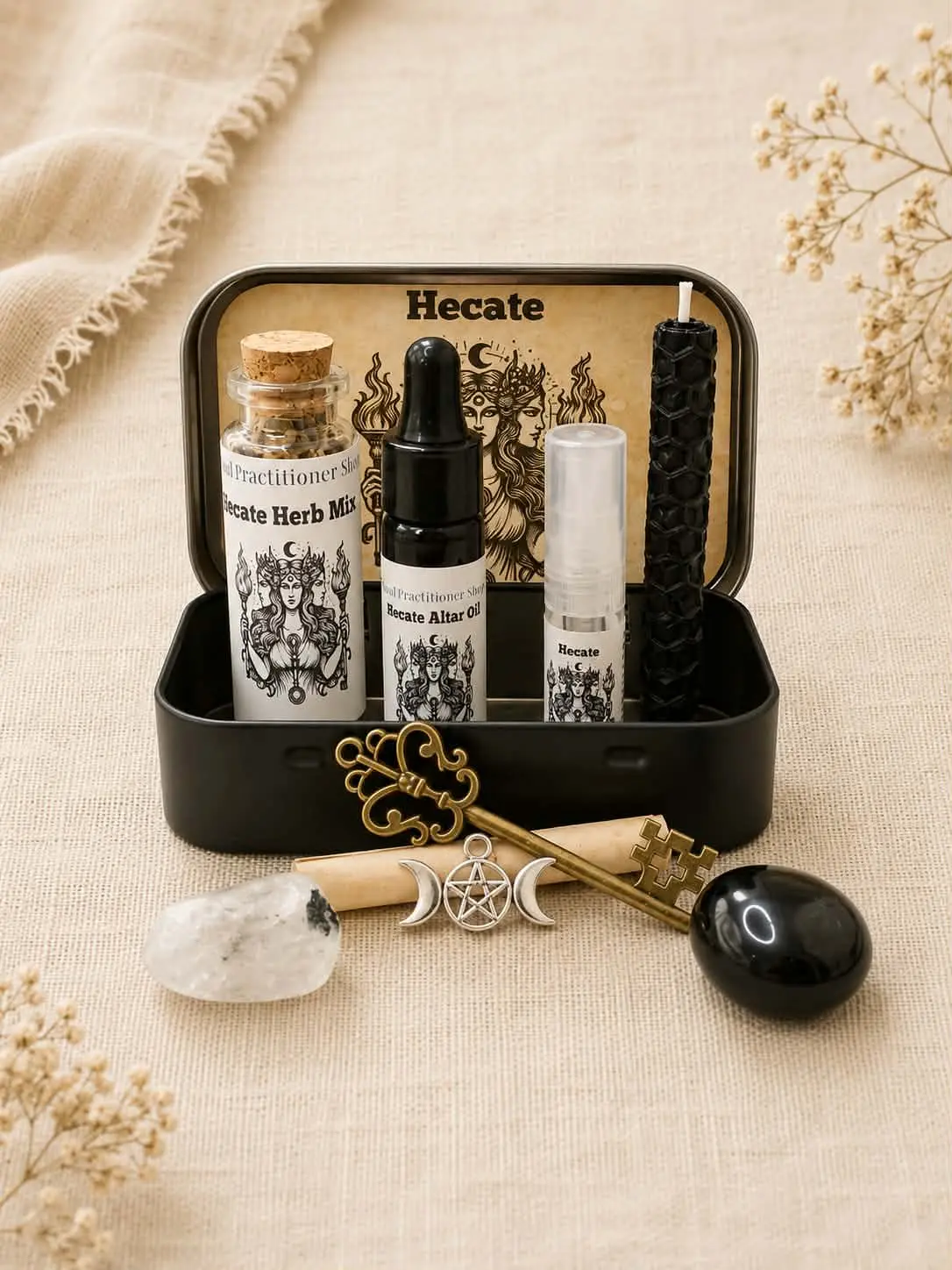 Hecate Mini Altar Kit - Travel Witchcraft Ritual Set with Black Candle, Altar Oil, Herbal Blend, Spray, Moonstone Crystal for Protection & Shadow Work.