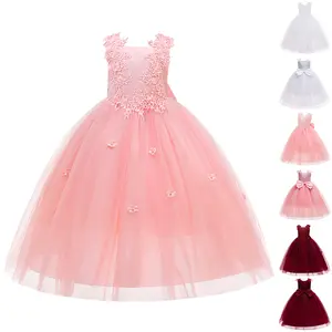 Kids Clothes Princess Pink Bow Long Ball Gown Frock 280 Beading Embroidered Children Formal Evening Party Pageant Prom Host Cocktail Dress White Flower Girls 4-14Y