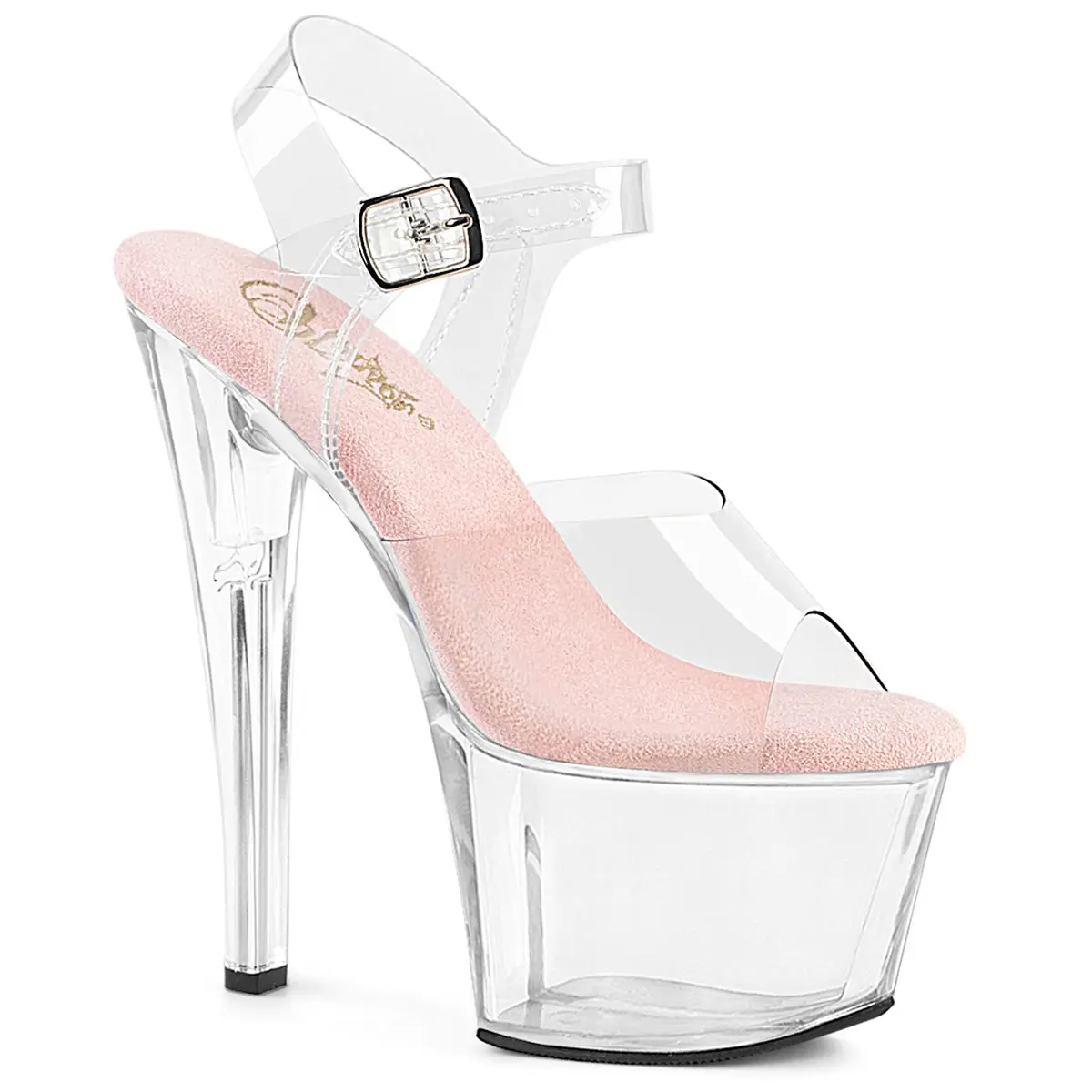 Pleaser Sky-308 Women's Stiletto Pumps, Classy Ankle Strap Sandal in Baby Pink with 7" Heel, 2 3/4" Platform and Transparent Straps, Stylish