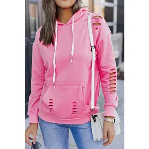 Pink Solid Ripped Hooded Sweatshirt with Kangaroo Pocket
