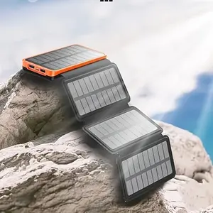 Solar Powered Power Bank with 4 Foldable Solar Panel, 10000mAh Portable USB Power Bank with SOS Light, Outdoor Power Bank for iPhone, Samsung, Huawei