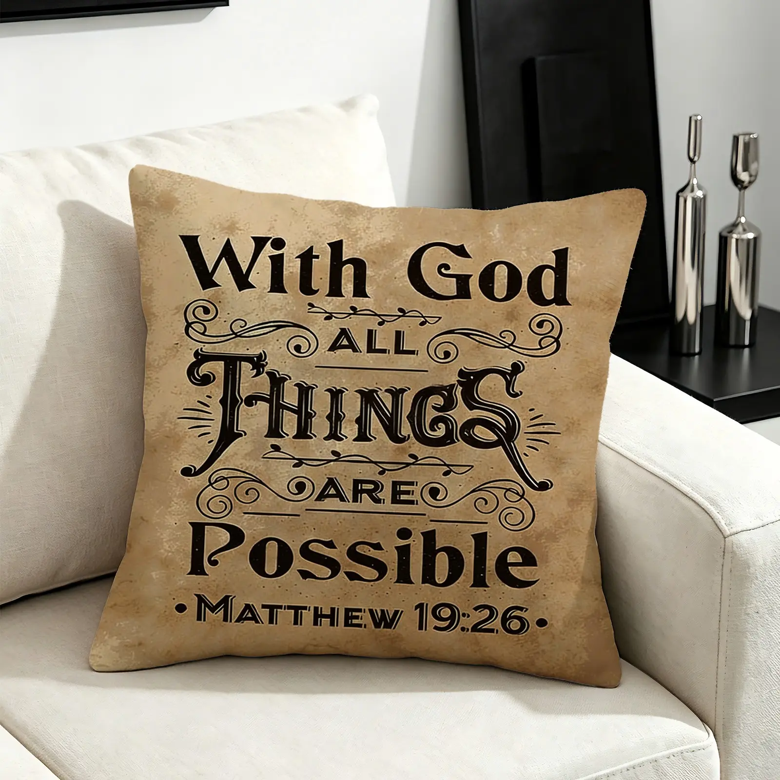 Vintage Matthew 19:26 Throw Pillow, "With God All Things Are Possible" Scripture Pillow, Soft Microfiber, Machine Washable, All Season Use, Filled Cushion for Sofa Bedroom Cafe Decor, Religious Gift