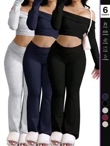 Women's Two-Piece Set, Off-The-Shoulder Long Sleeve Crop Top & Pants, Solid Color for Casual Wear, Stylish Women's Clothing