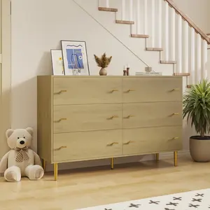 Garvee Farmhouse 6-Drawer Dresser for Bedroom, 47.2 in Wide Natural Wood Rustic Chest with Large Drawers & Bar Handles, Natural Texture, Drawer Organizer for Living Room, Hallway, and Entryway