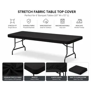 Stretch Fabric Table Top Cap Cover for 6 ft Tables, Black Polyester Spandex Tabletop Cover 30 x 72 Inch, Snug Fit Banquet Table Cover for Outdoor Events, Wedding Receptions, BBQs, Tailgate Parties, Office Gatherings and Convention Booths
