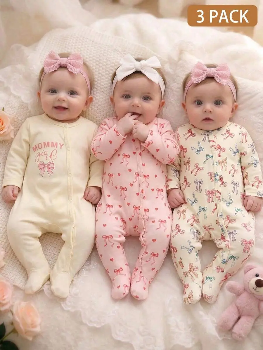 Bumpie x Newborn Baby 3-Piece Set Of Cute Pink Summer Jumpsuit Knitted Heart-Shaped Full Print MOMMY Girl Bow Long Sleeved Snap Closure Family Matching Wear