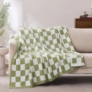 Checkered Throw Blanket, Sage Green Soft Cozy Fluffy Knitted Throw Blankets for Couch, Sofa, Bed, Chair, Warm Fuzzy Travel Picnic Lightweight Plaid Blanket, 50x70 inches